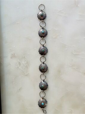 Vintage Native American Sterling Silver Turquoise Concho Link Bracelet Southwest